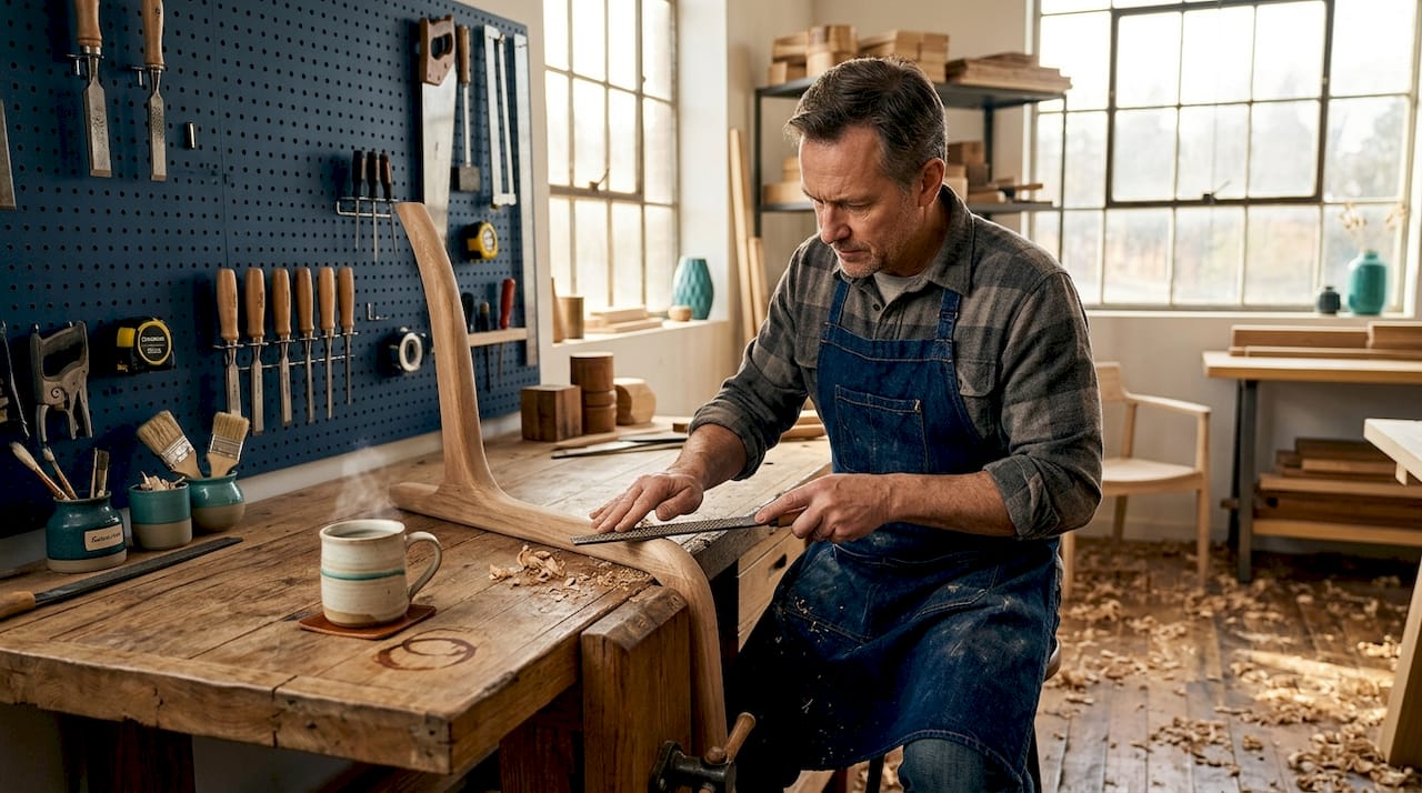 Furniture artisan handcrafts chair leg in sunlit workshop