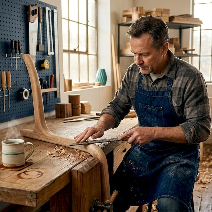 Furniture artisan handcrafts chair leg in sunlit workshop