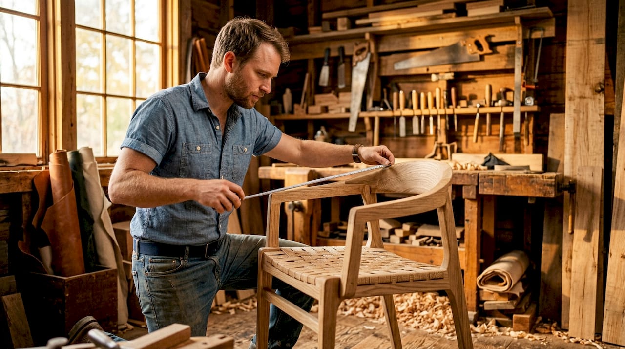 Furniture designer inspecting chair prototype