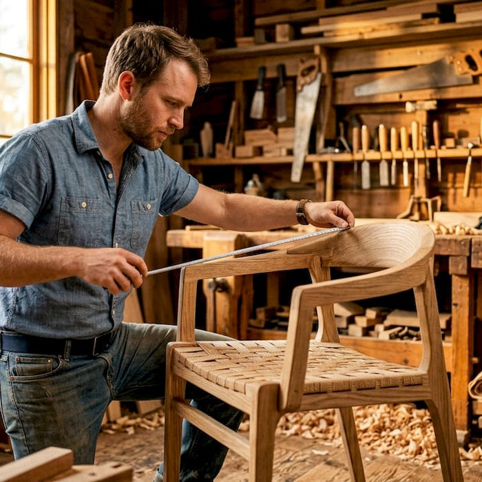 Furniture designer inspecting chair prototype