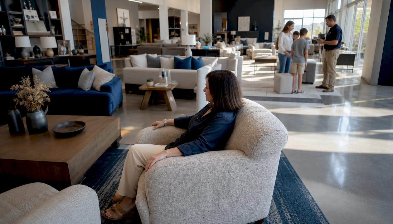 Customer testing furniture in showroom