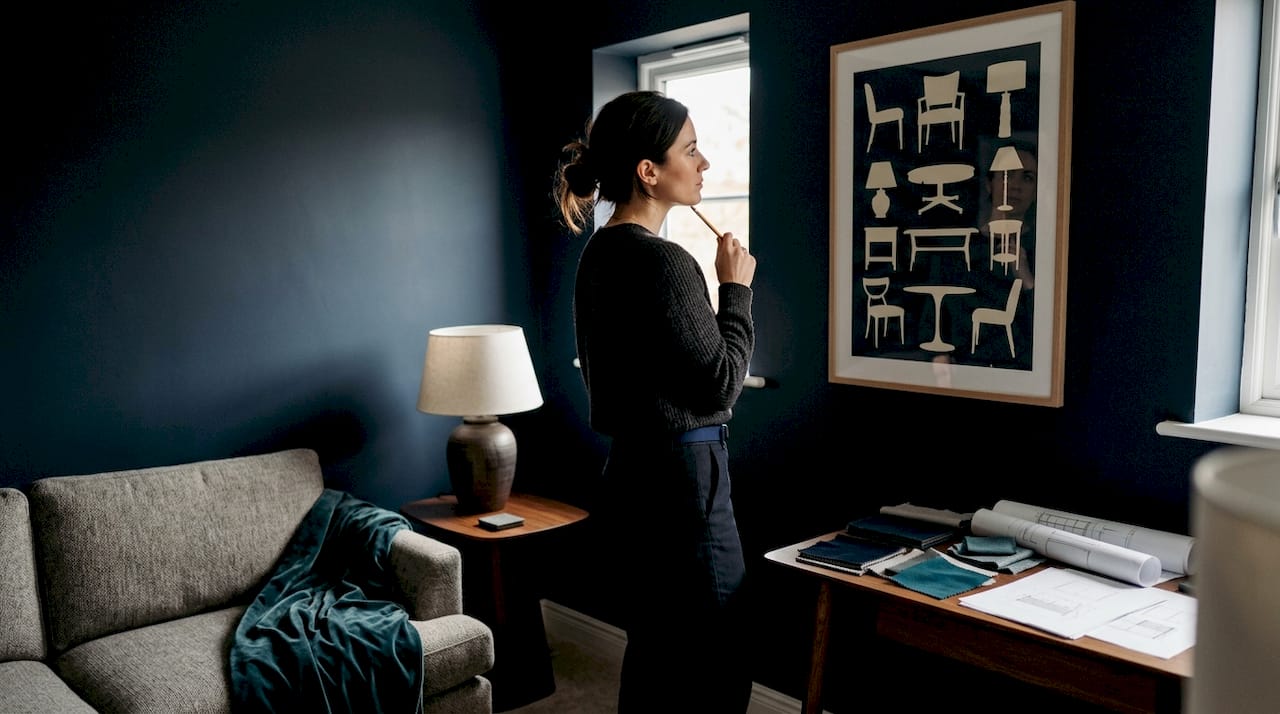 Interior designer examining furniture silhouette poster