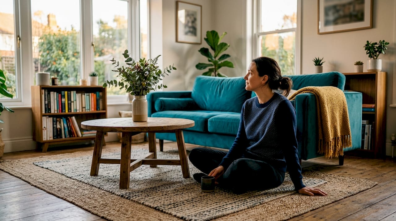 Woman evaluating velvet sofa as room focal point