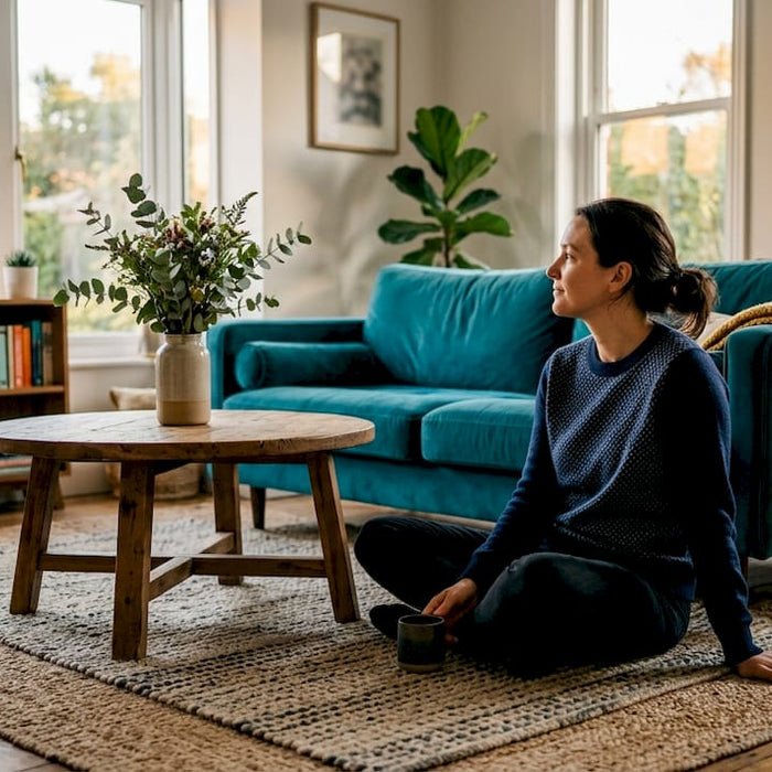 Woman evaluating velvet sofa as room focal point