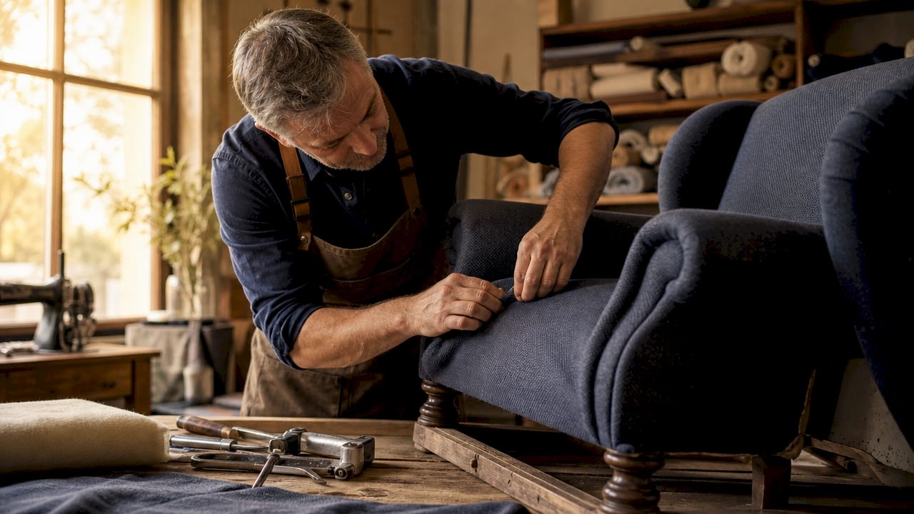 Craftsman upholstering furniture in workshop