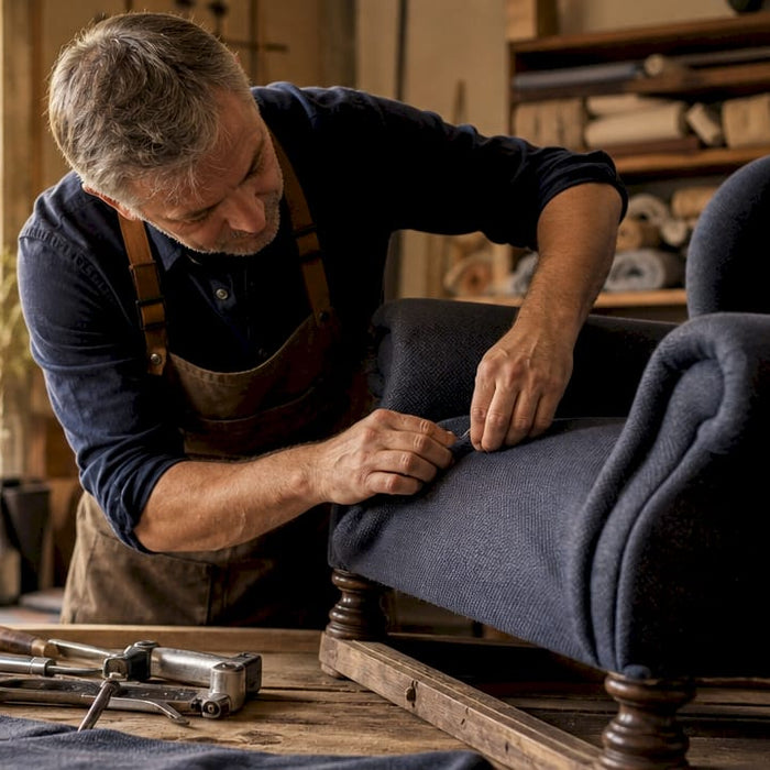 Craftsman upholstering furniture in workshop