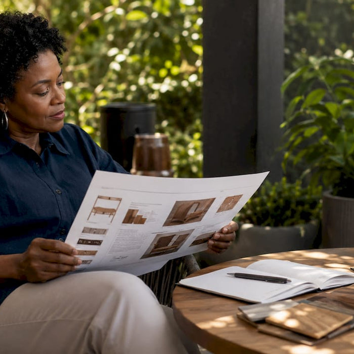 Woman reviewing furniture craftsmanship standards