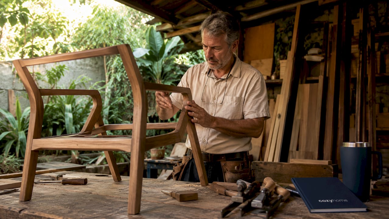 Craftsman inspecting sturdy chair joinery