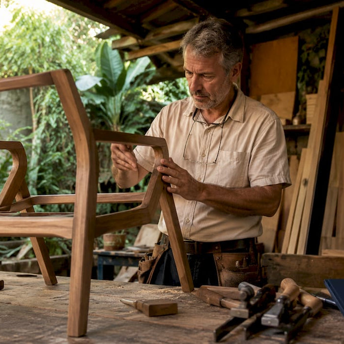 Craftsman inspecting sturdy chair joinery