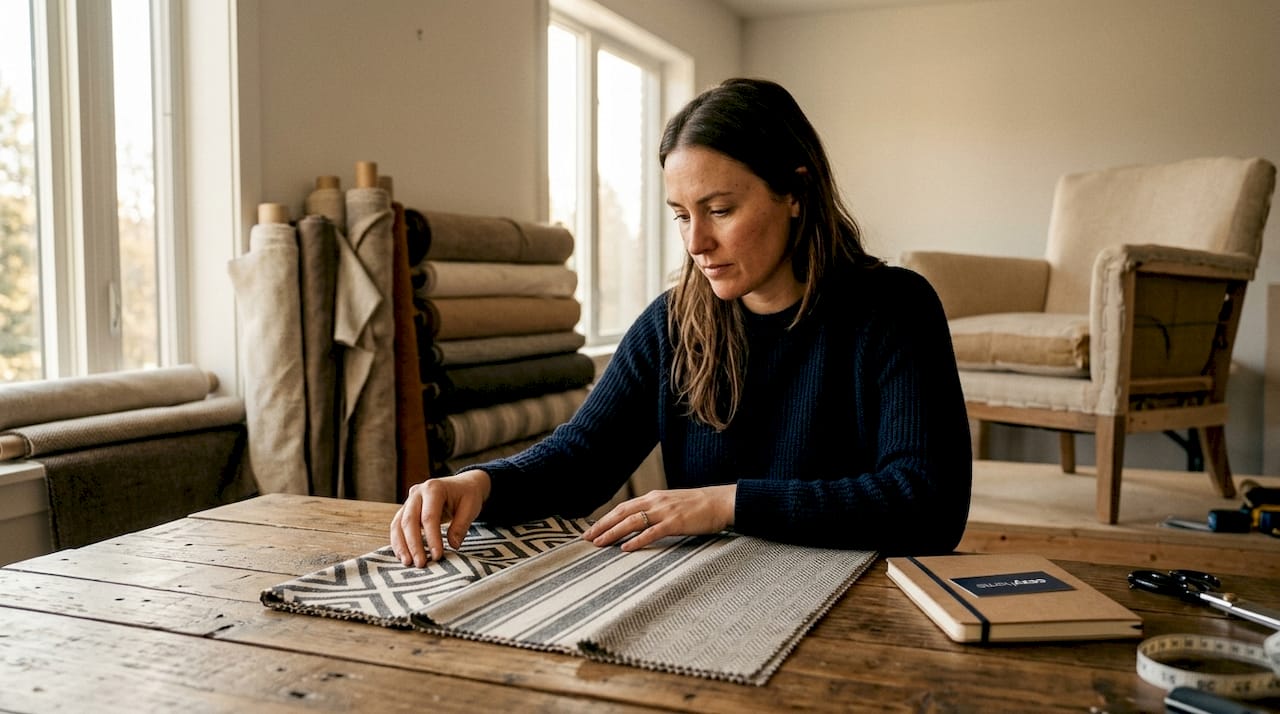 Designer comparing fabric patterns on custom sofa