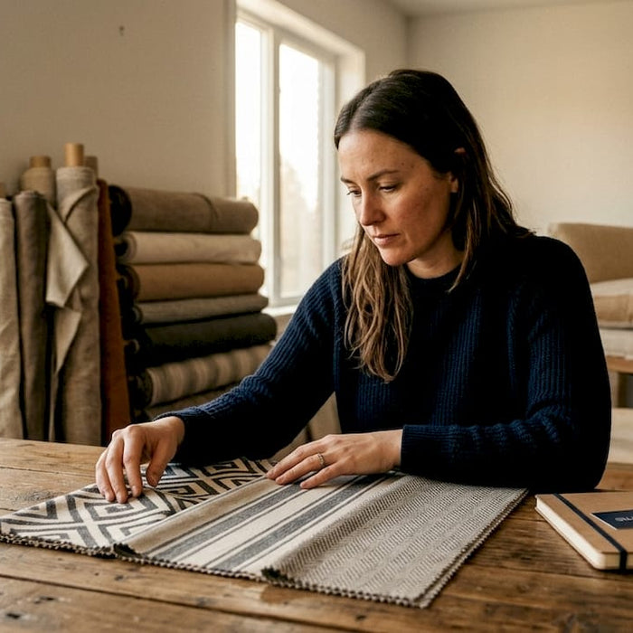 Designer comparing fabric patterns on custom sofa