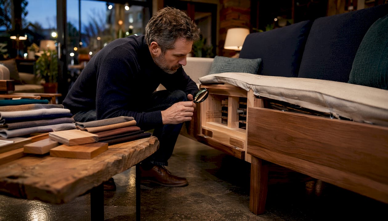 Man inspecting hardwood furniture frame in showroom
