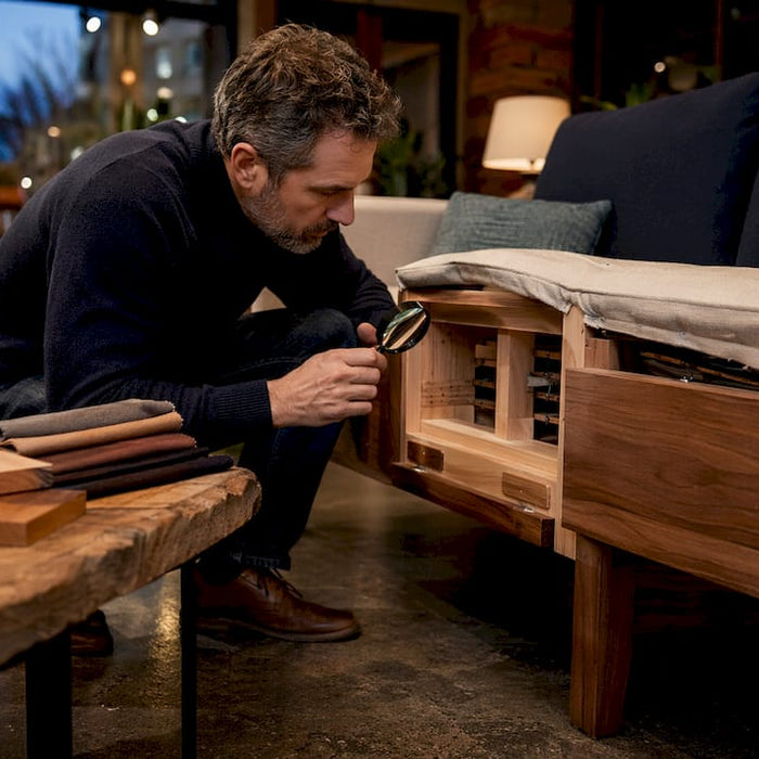Man inspecting hardwood furniture frame in showroom