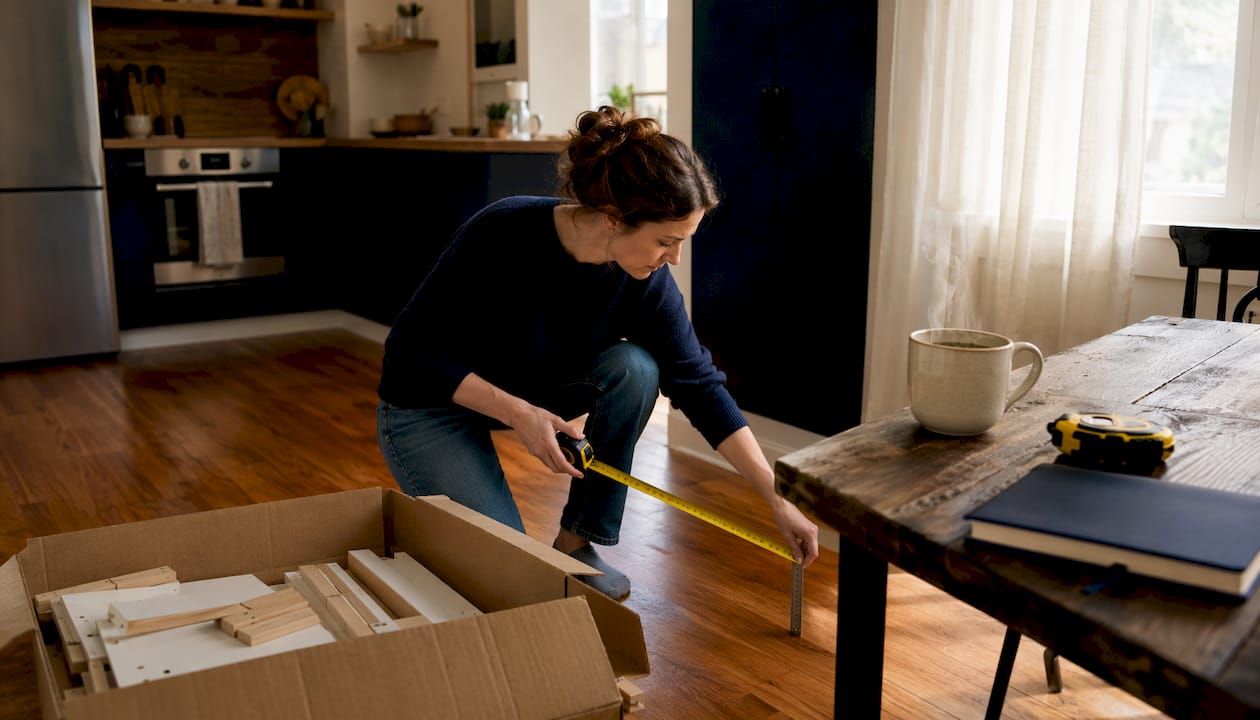 Woman measuring room dimensions for furniture planning