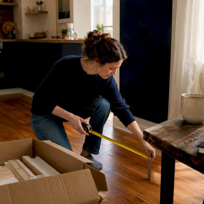 Woman measuring room dimensions for furniture planning