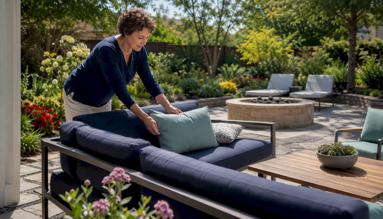 Woman inspecting outdoor patio furniture on deck