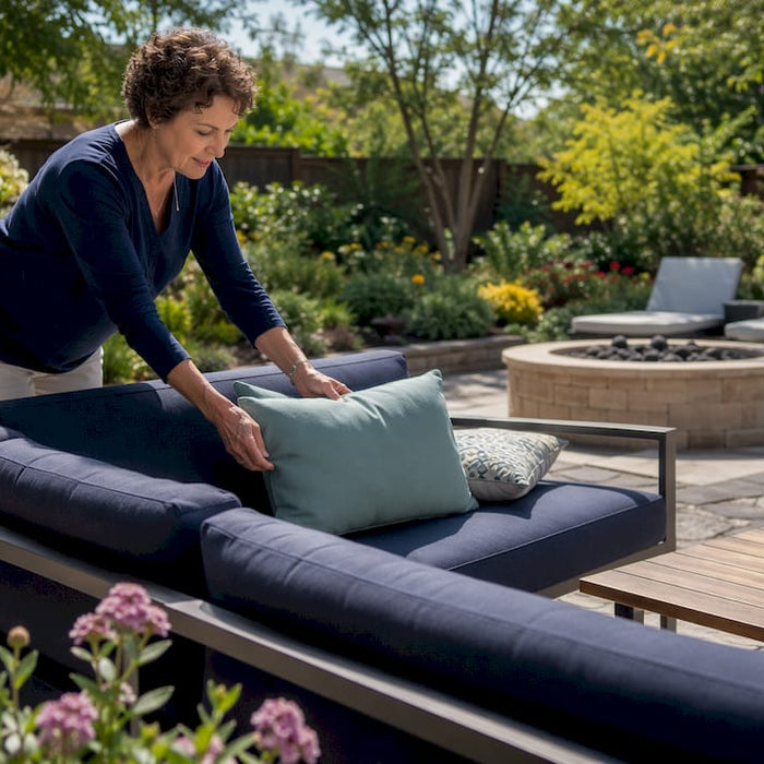 Woman inspecting outdoor patio furniture on deck