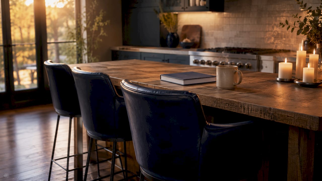 Leather bar stools around kitchen island in natural light