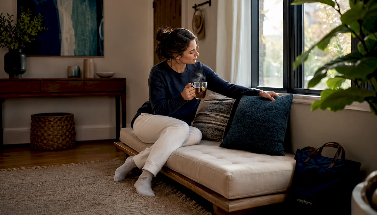 Woman arranging pillows on upholstered bench