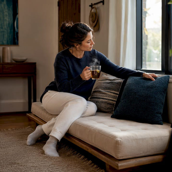 Woman arranging pillows on upholstered bench