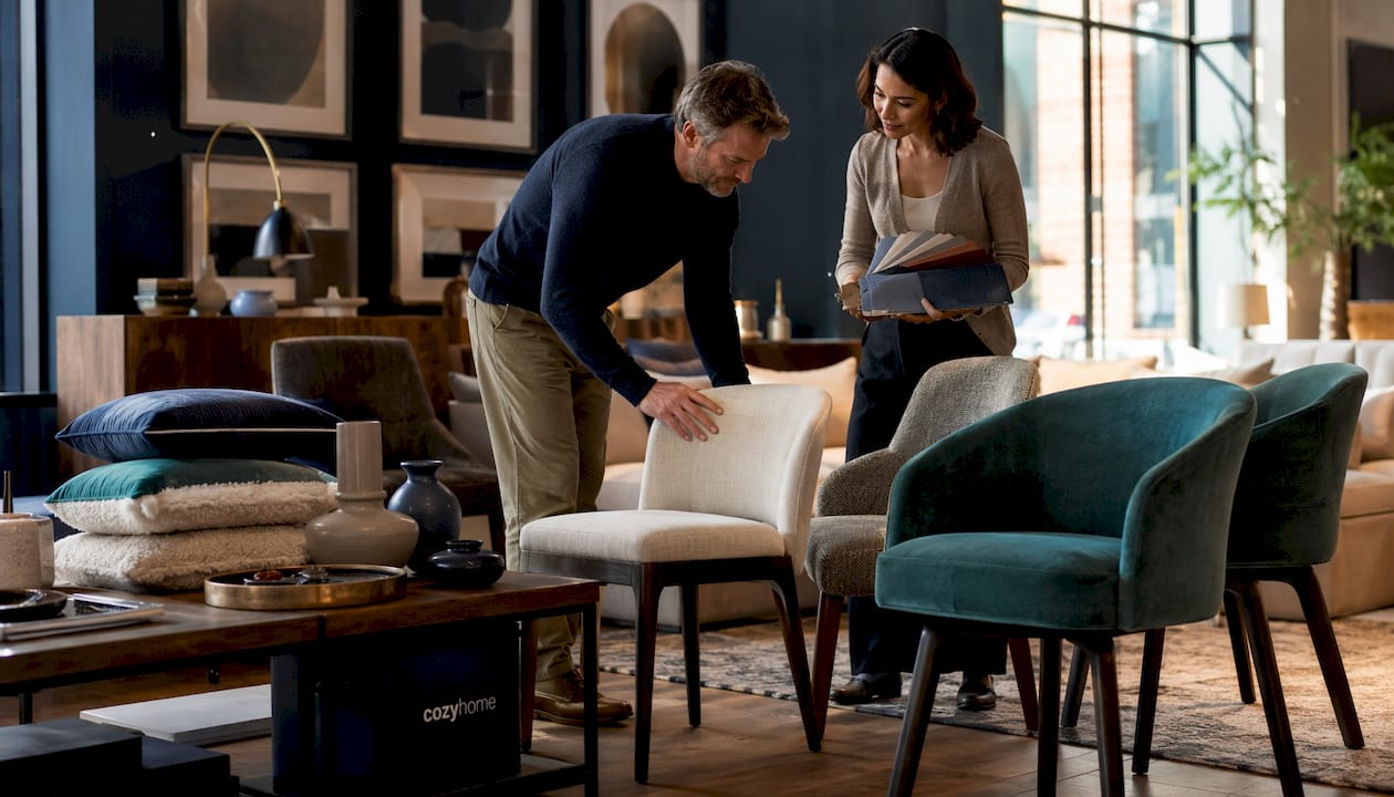 Customer consulting sales associate in furniture showroom
