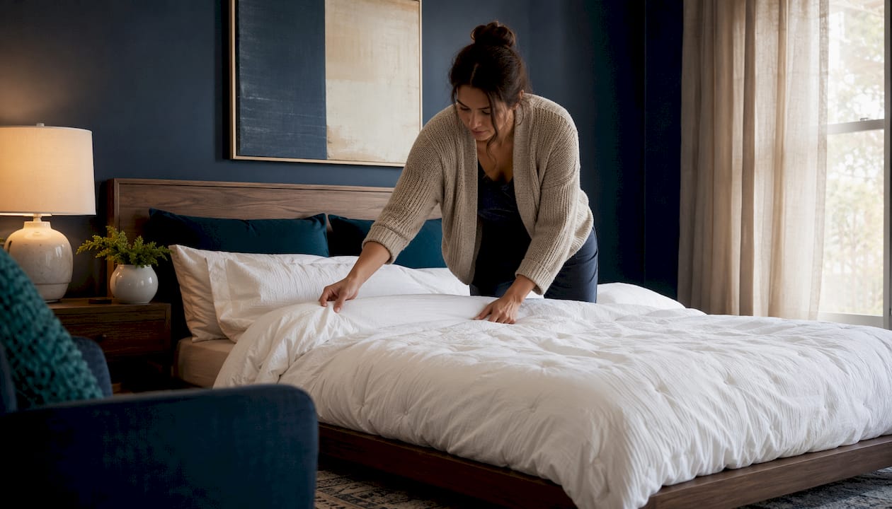 Woman arranging king duvet insert on bed in bright bedroom