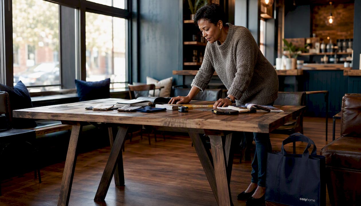 Woman examining farmhouse trestle dining table