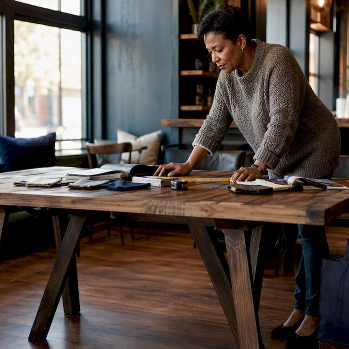Woman examining farmhouse trestle dining table