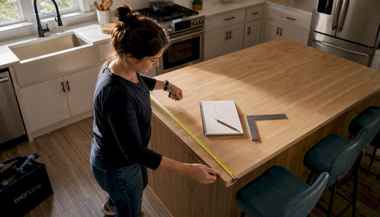 Woman measuring sofa wall in living room