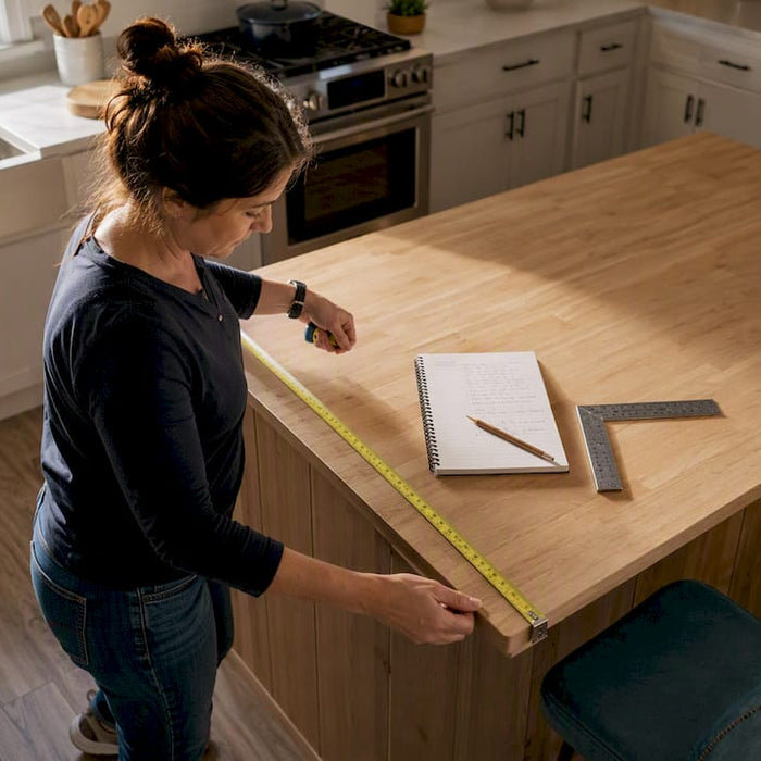 Woman measuring sofa wall in living room