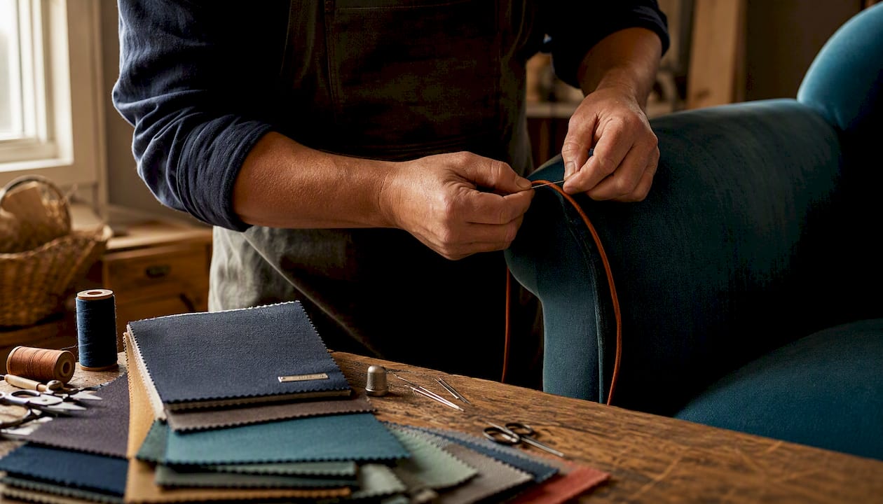 Upholsterer sewing contrast welt on sofa cushion