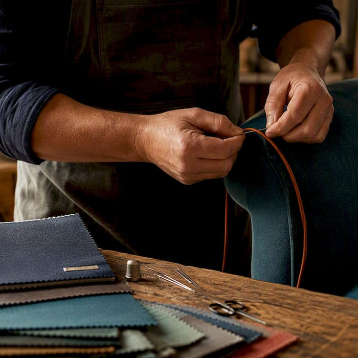 Upholsterer sewing contrast welt on sofa cushion