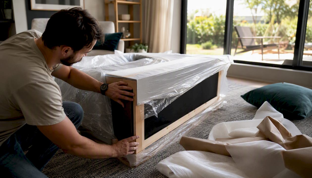 Hands inspecting newly delivered sofa frame