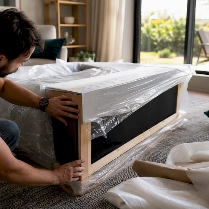 Hands inspecting newly delivered sofa frame