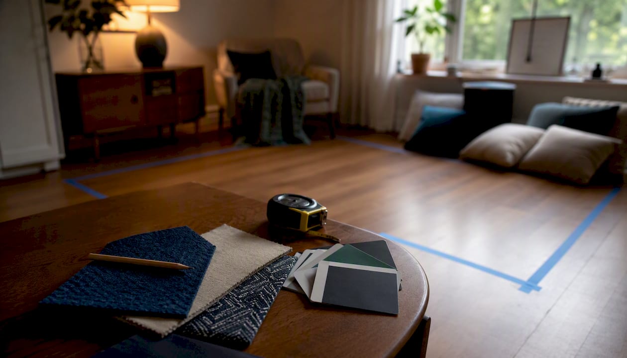 Room marked with painter's tape for sofa layout