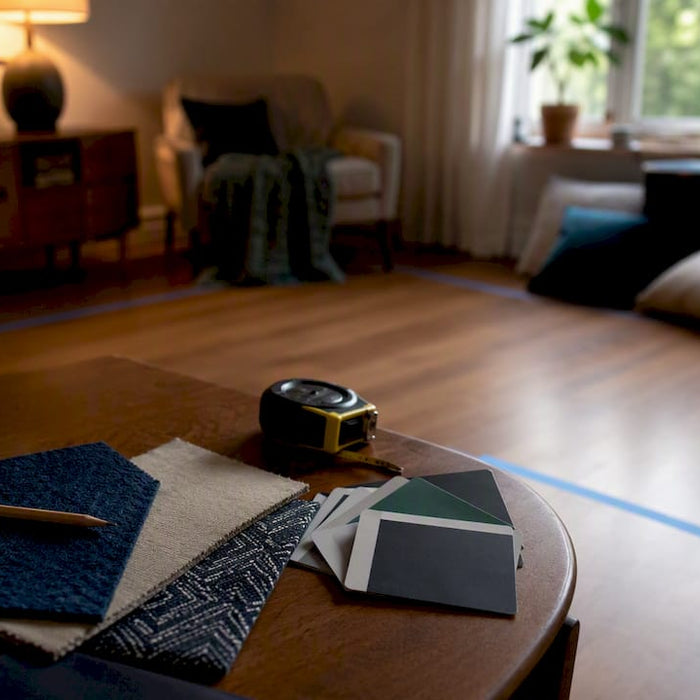 Room marked with painter's tape for sofa layout