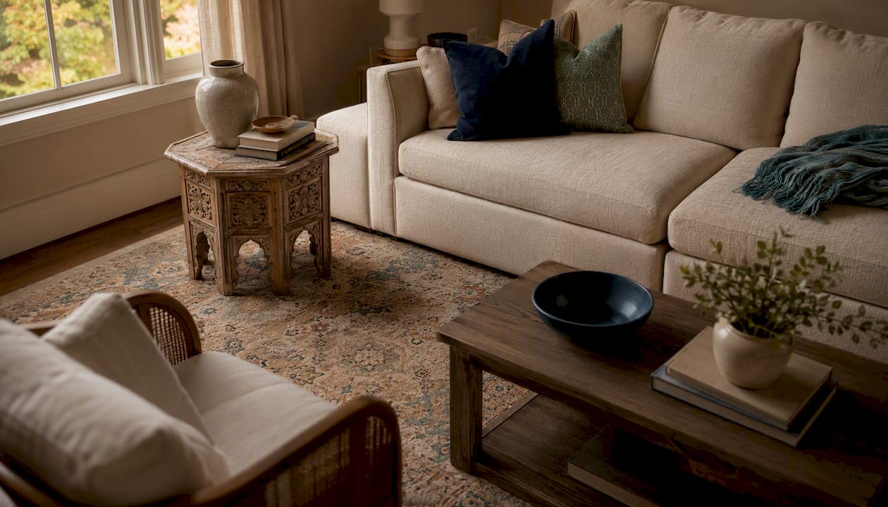 Transitional living room blending traditional and modern furniture