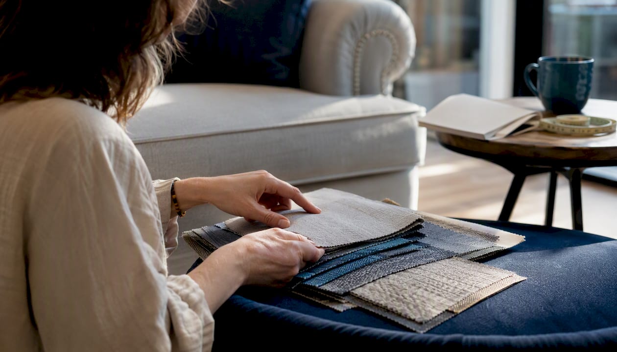 Customer testing sofa comfort and fabric