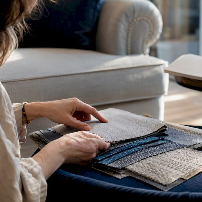 Customer testing sofa comfort and fabric
