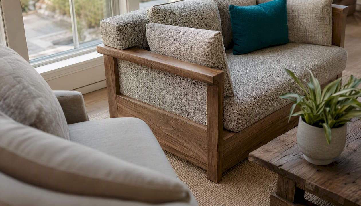 Partial views of custom and stock sofas in living room