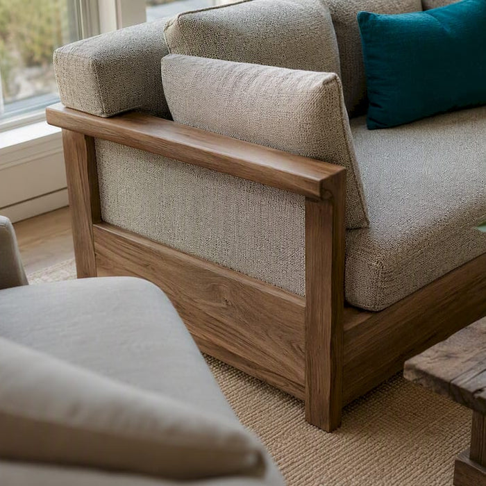 Partial views of custom and stock sofas in living room