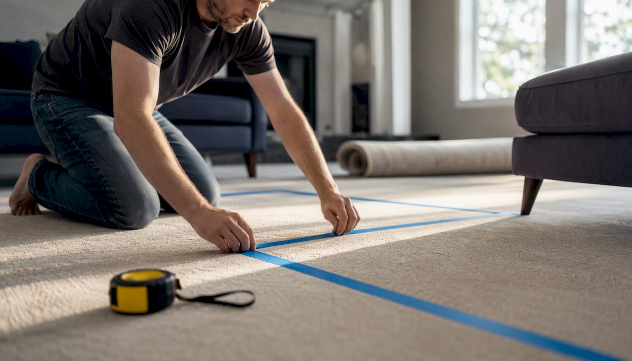 Hands creating a taped sofa outline on floor