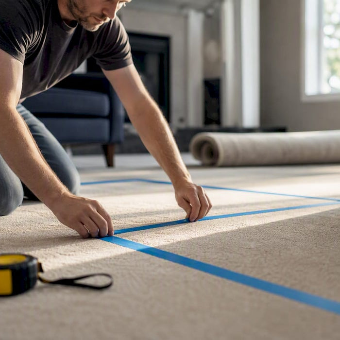 Hands creating a taped sofa outline on floor