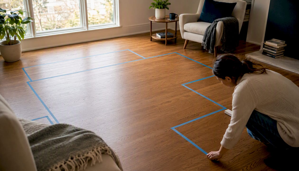 Hands laying painter's tape furniture outlines on floor