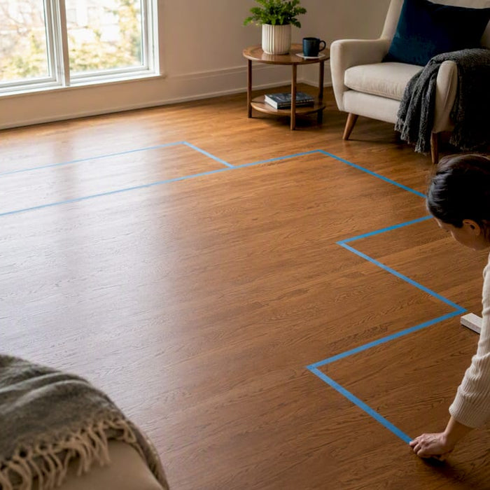 Hands laying painter's tape furniture outlines on floor