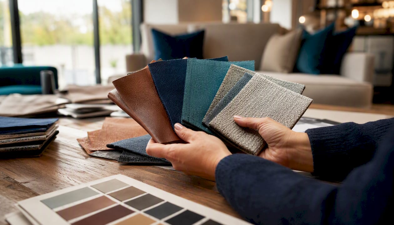 Hands comparing fabric and leather swatches