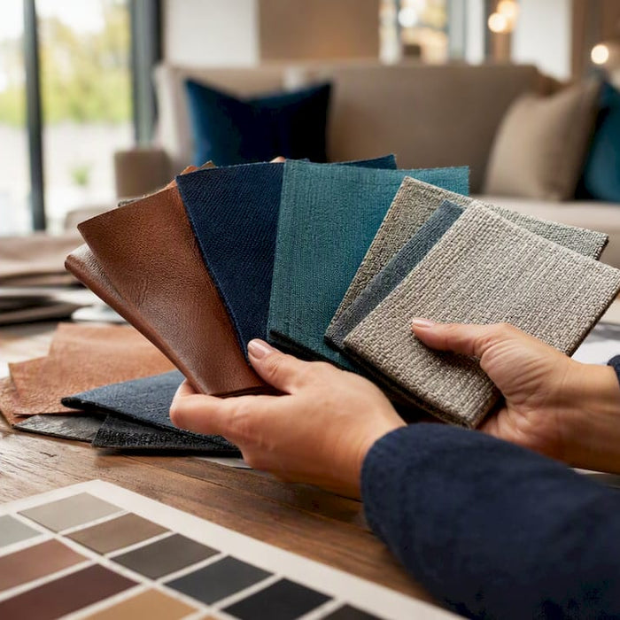 Hands comparing fabric and leather swatches