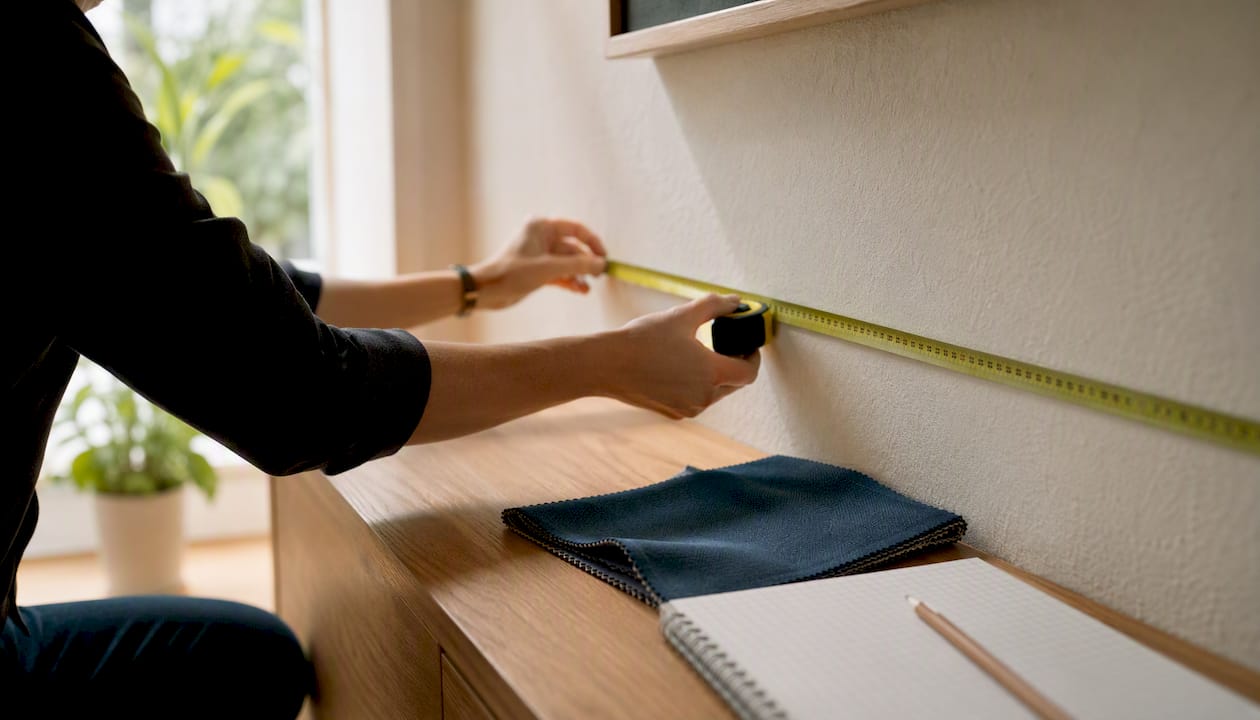 Hand measuring wall with tape measure