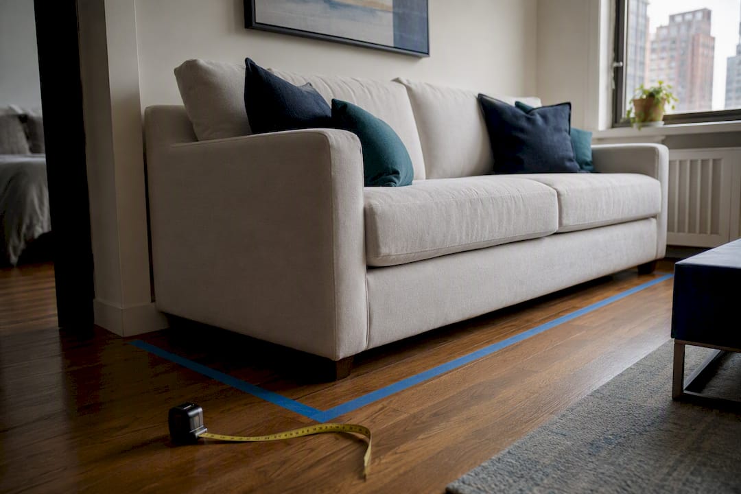 Apartment size sofa footprint laid out in small living room