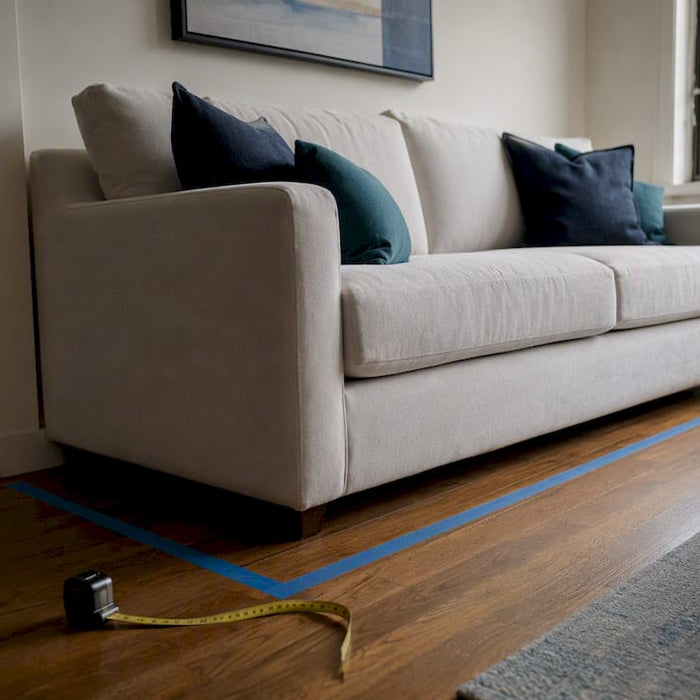 Apartment size sofa footprint laid out in small living room
